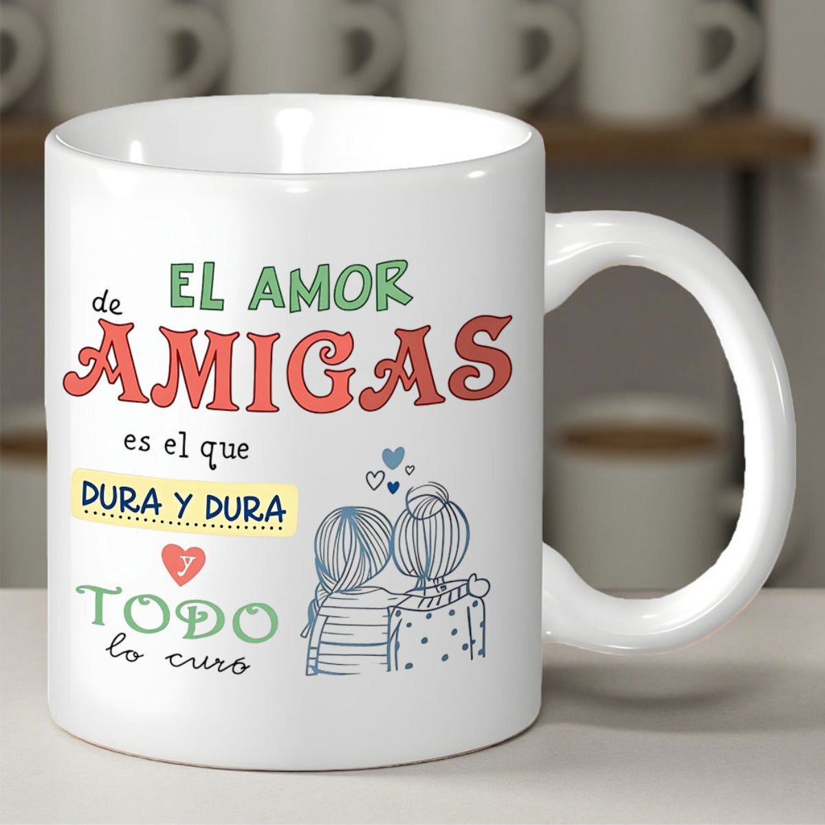 Tailorly White Ceramic 11 oz Mug - Hand Drawn Line Illustration Of Two Best Female Friends Embracing Together Girls