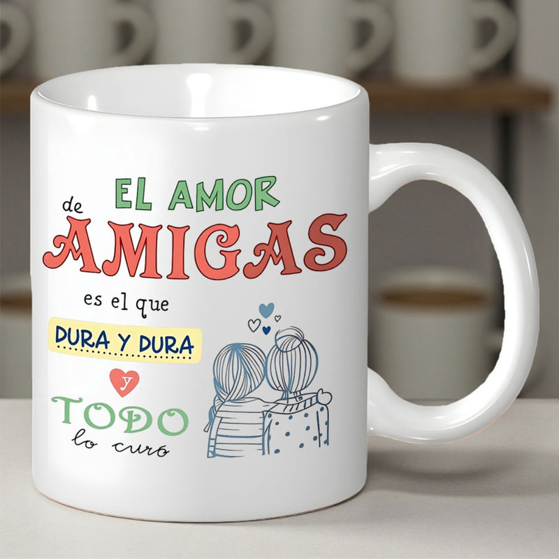 Tailorly White Ceramic 11 oz Mug - Hand Drawn Line Illustration Of Two Best Female Friends Embracing Together Girls