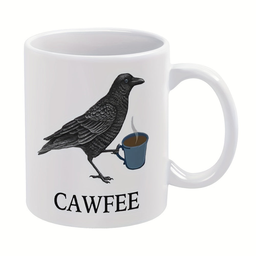 Tailorly White Ceramic 11 oz Mug - Cawfee Detailed Black Crow Standing While Holding A Steaming Hot Blue Cup Of Crow