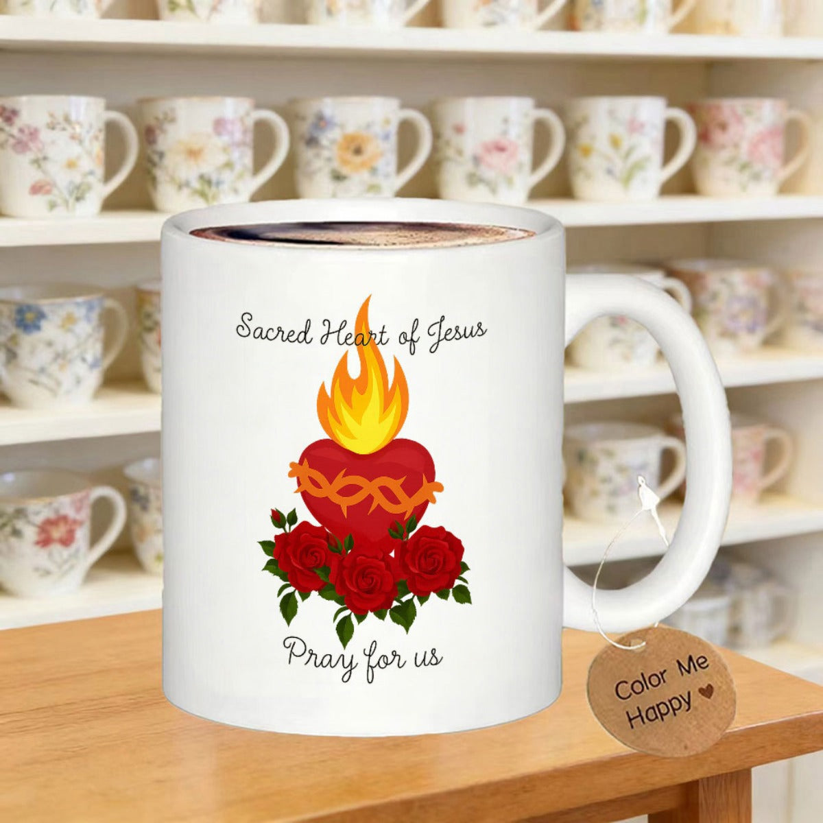 Tailorly White Ceramic 11 oz Mug - Sacred Heart Of Jesus Pray For Us Radiant Flaming Wrapped In Thorns Surrounded By Vibrant Red Roses Heart
