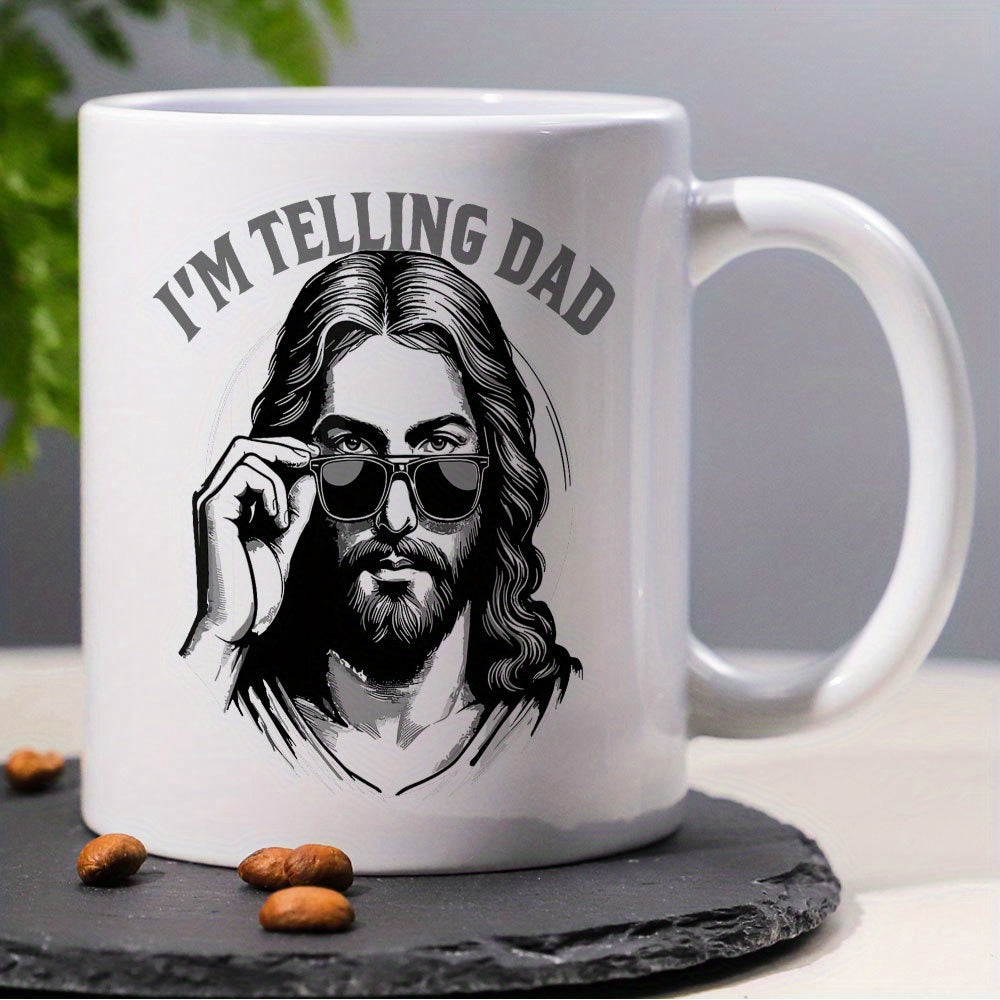Tailorly White Ceramic 11 oz Mug - I'm Telling Dad Bearded Man With Long Hair Wearing Sunglasses Adjusting Shades Jesus Portrait