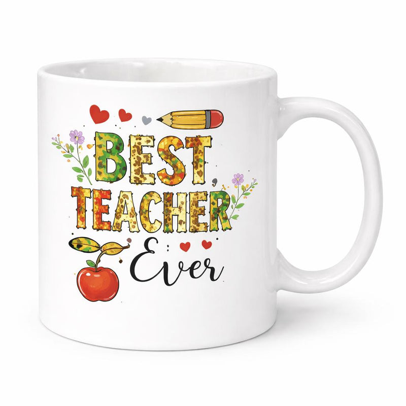 Tailorly White Ceramic 11 oz Mug - Best Teacher Ever Vibrant Red Apple With Pencil And Hearts In Decorative Patterned Letters Apple
