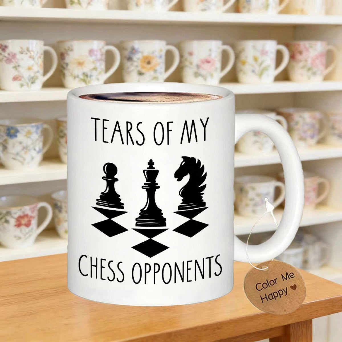 Tailorly White Ceramic 11 oz Mug - Tears Of My Chess Opponents Sleek Black Silhouetted Game Pieces Resting On Diamond Geometric Pattern Bases Chess Pieces