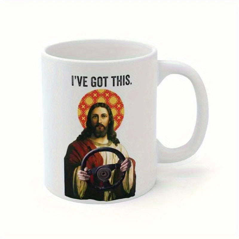 Tailorly White Ceramic 11 oz Mug - Ive Got This Religious Figure Holding Car Steering Wheel With Patterned Golden Halo Jesus