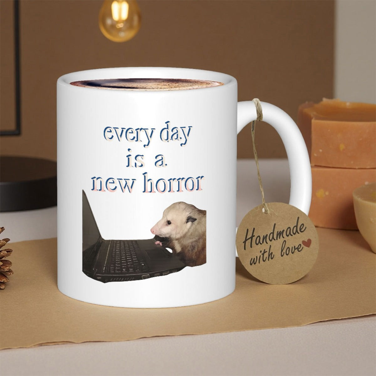 Tailorly White Ceramic 11 oz Mug - Every Day Is A New Horror Realistic Possum Staring At A Laptop Screen Inside A Cozy Workspace Opossum