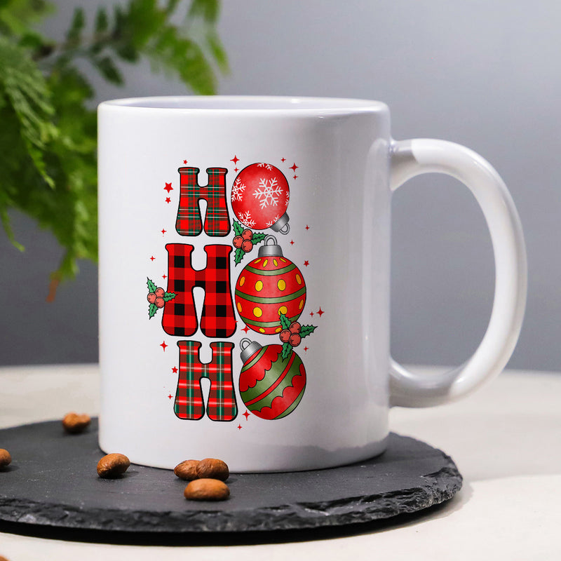 Tailorly White Ceramic 11 oz Mug - Ho Ho Ho Festive Red Plaid Design With Decorative Christmas Bauble Ornament