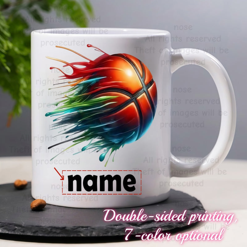 Tailorly White Ceramic 11 oz Mug - Name Vibrant Dynamic Flying Motion Featuring Colorful Artistic Paint Splashes Basketball