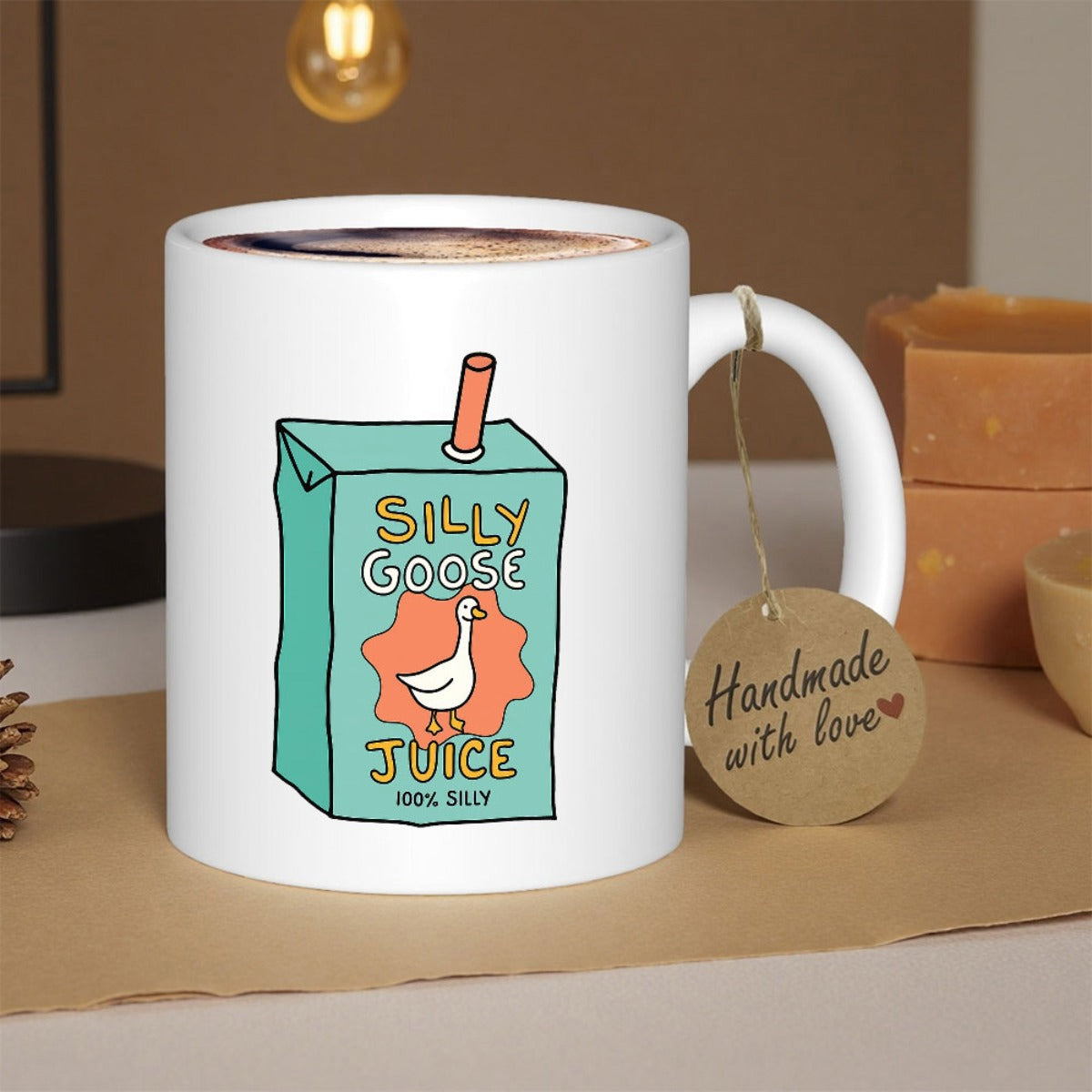 Tailorly White Ceramic 11 oz Mug - Silly Goose Juice Cute Teal Juice Carton With Straw Featuring A Tiny Goose