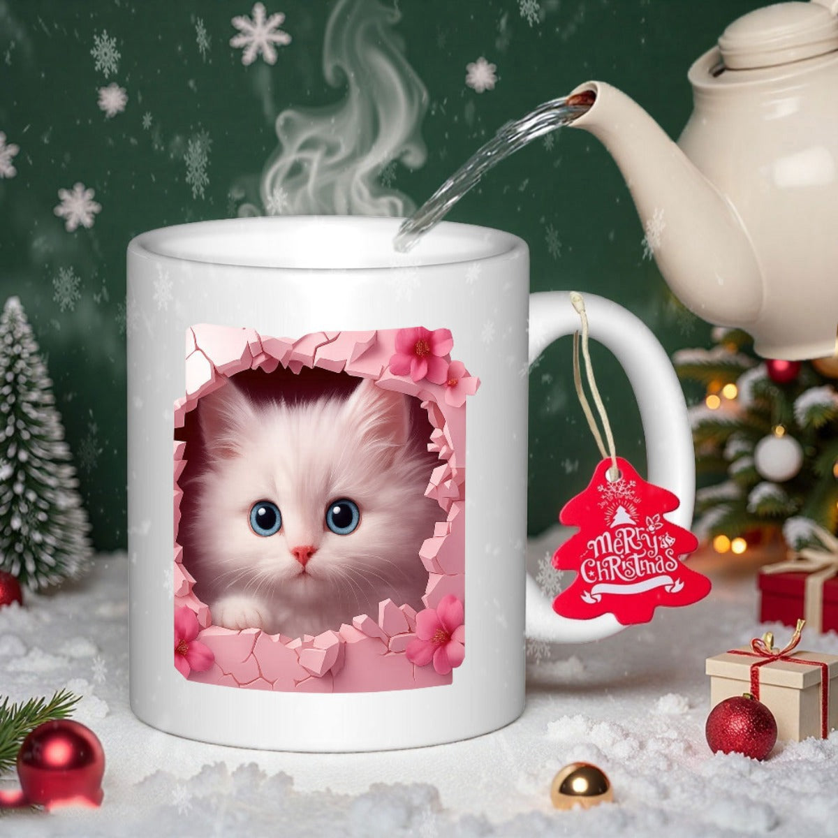 Tailorly White Ceramic 11 oz Mug - Merry Christmas Adorable White Fluffy Peeking From Pink Floral Broken Wall Frame Cat