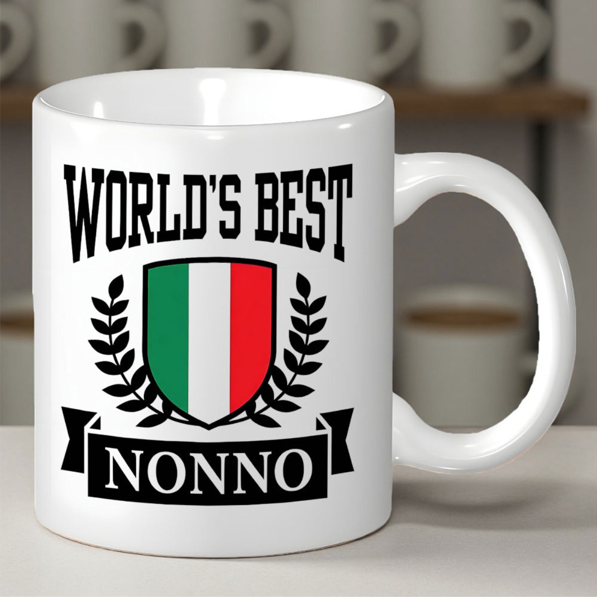 Tailorly White Ceramic 11 oz Mug - Worlds Best Italian Flag Colors Within Shield Flanked By Laurel Wreaths Shield