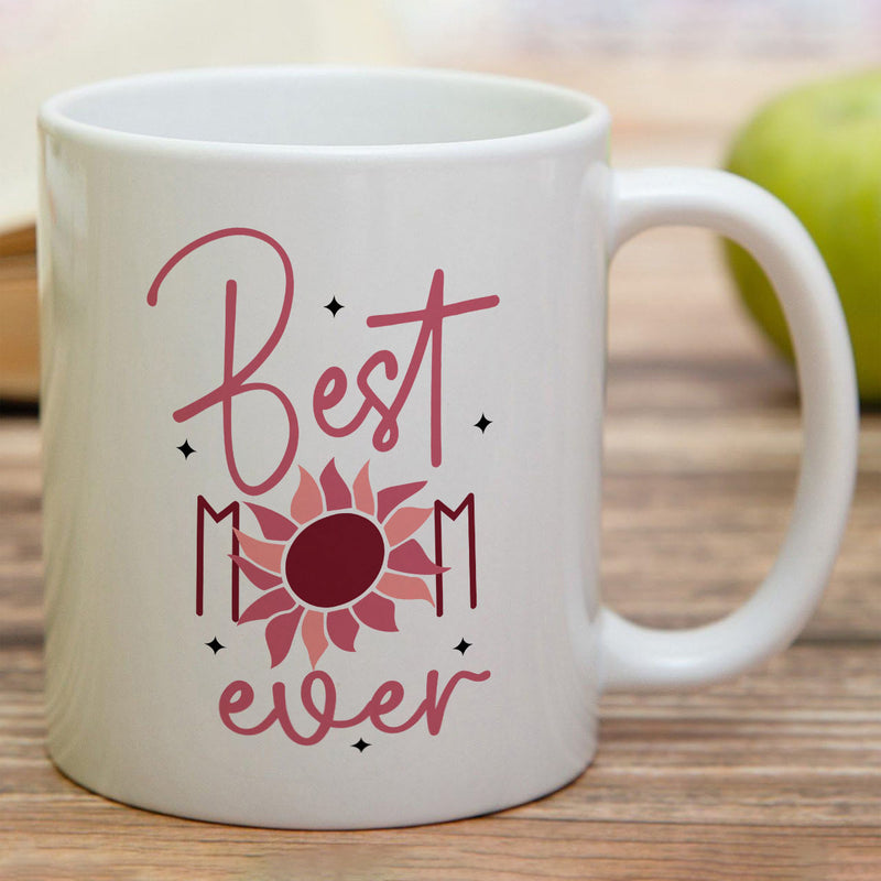 Tailorly White Ceramic 11 oz Mug - Best Mom Ever Blooming Sunflower Petals With Elegant Script Typography And Tiny Diamond Accents Sunflower