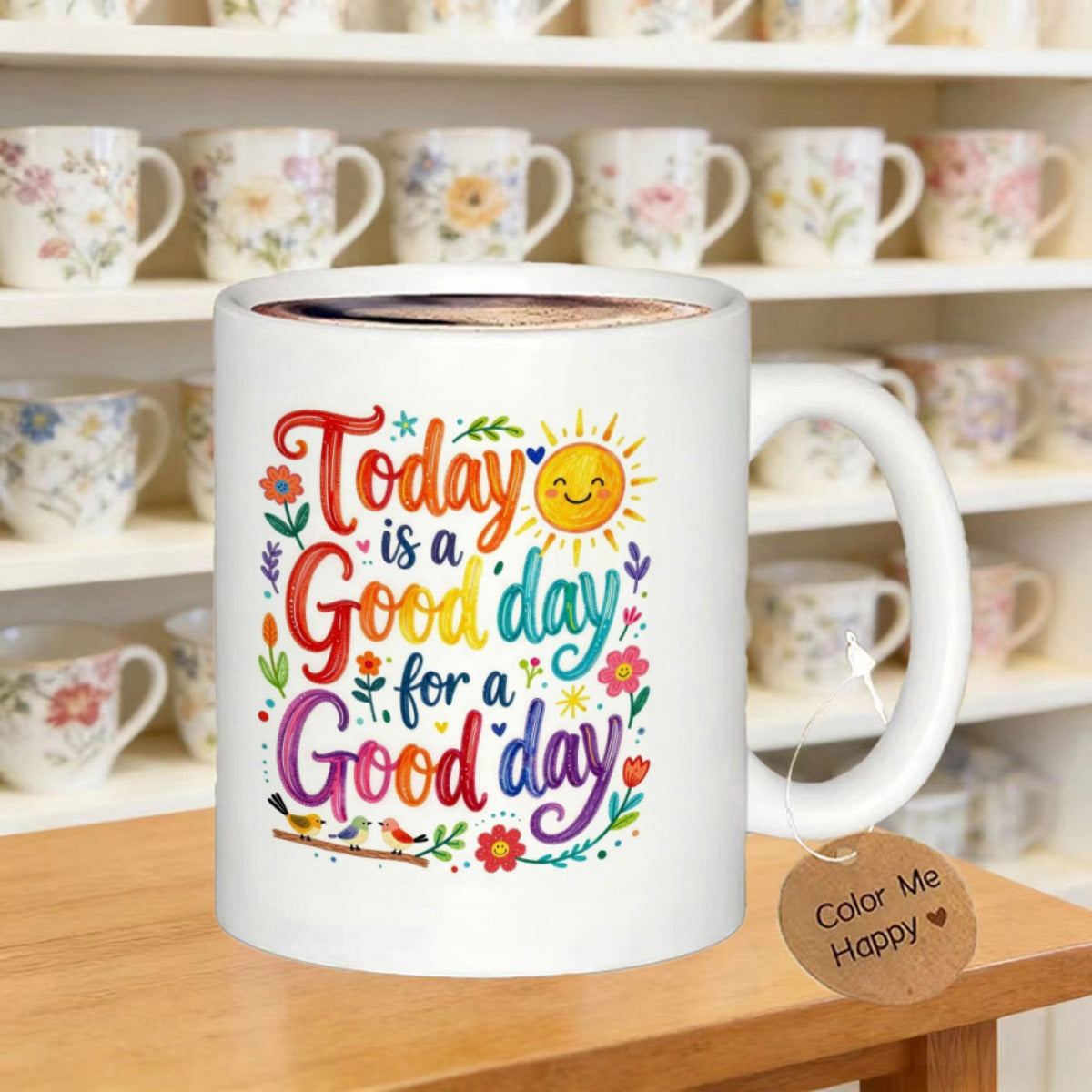 Tailorly White Ceramic 11 oz Mug - Today Is A Good Day For A Good Day Cheerful Smiling Sun Among Bright Colorful Flowers And Small Joyful Birds Mug