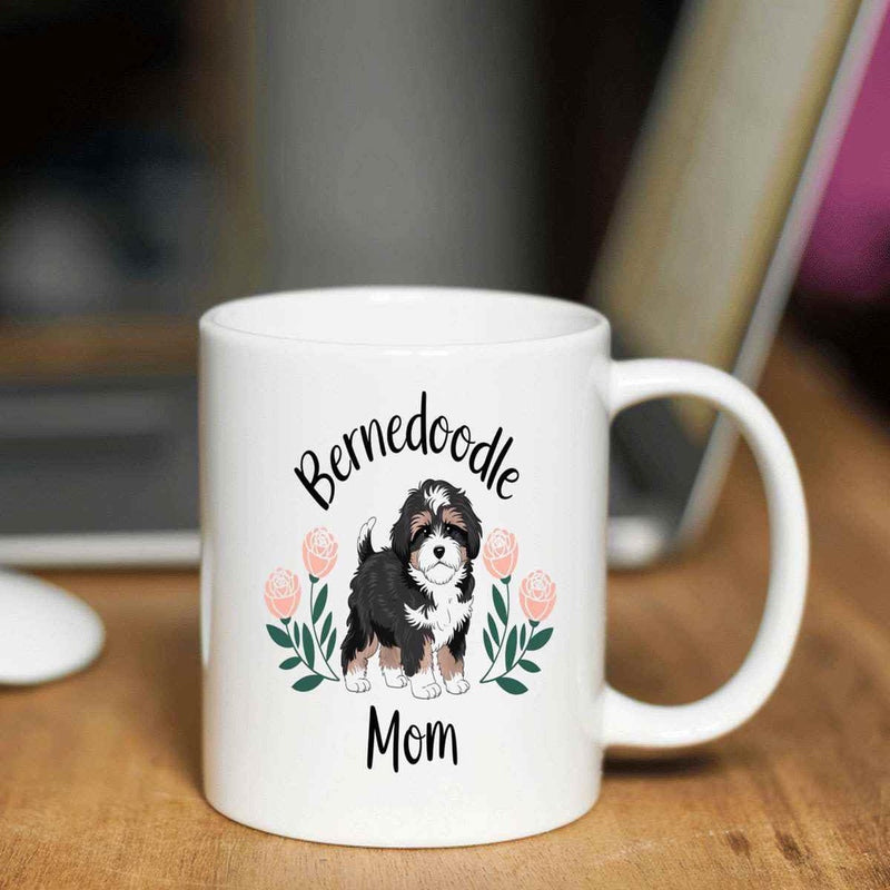 Tailorly White Ceramic 11 oz Mug - Bernedoodle Mom Hand Drawn Style Puppy Standing Among Delicate Pink Floral Blossoms And Leaves Bernedoodle