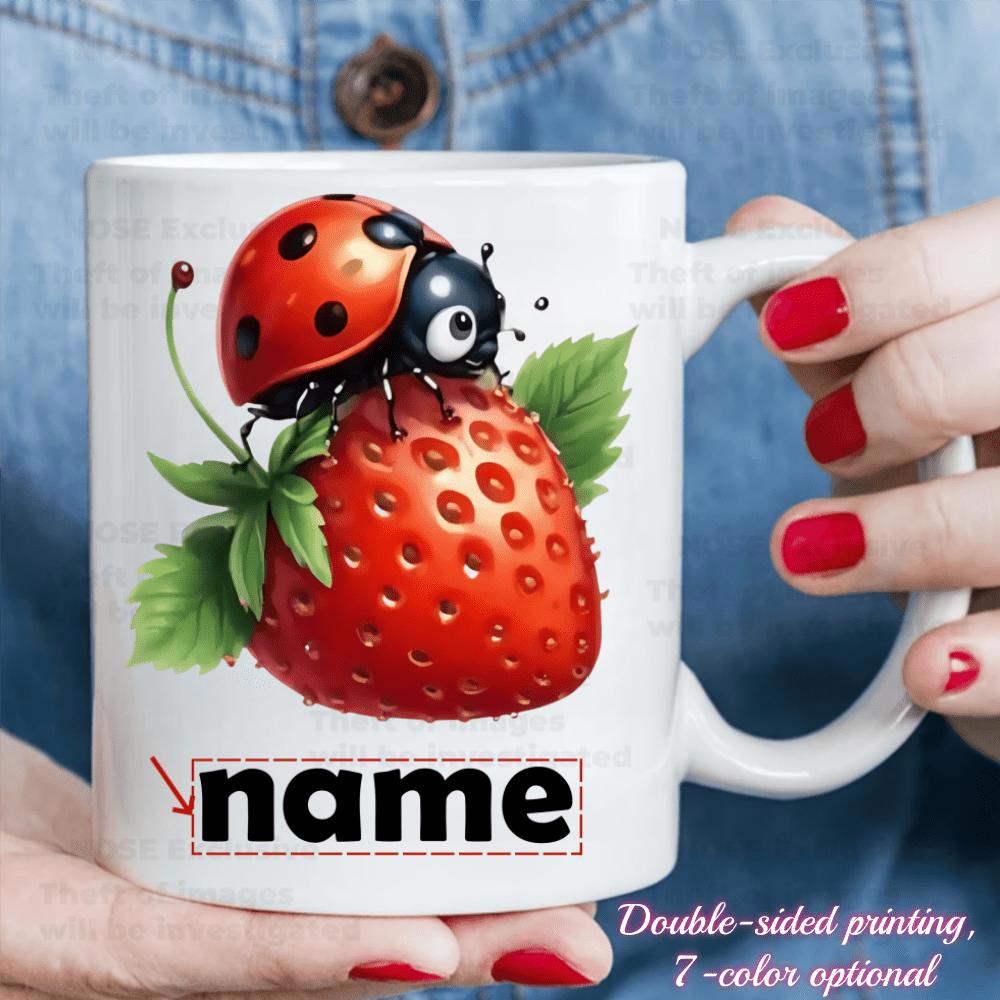 Tailorly White Ceramic 11 oz Mug - Name Tiny Spotted Insect Resting On A Large Ripe Red Juicy Strawberry Ladybug