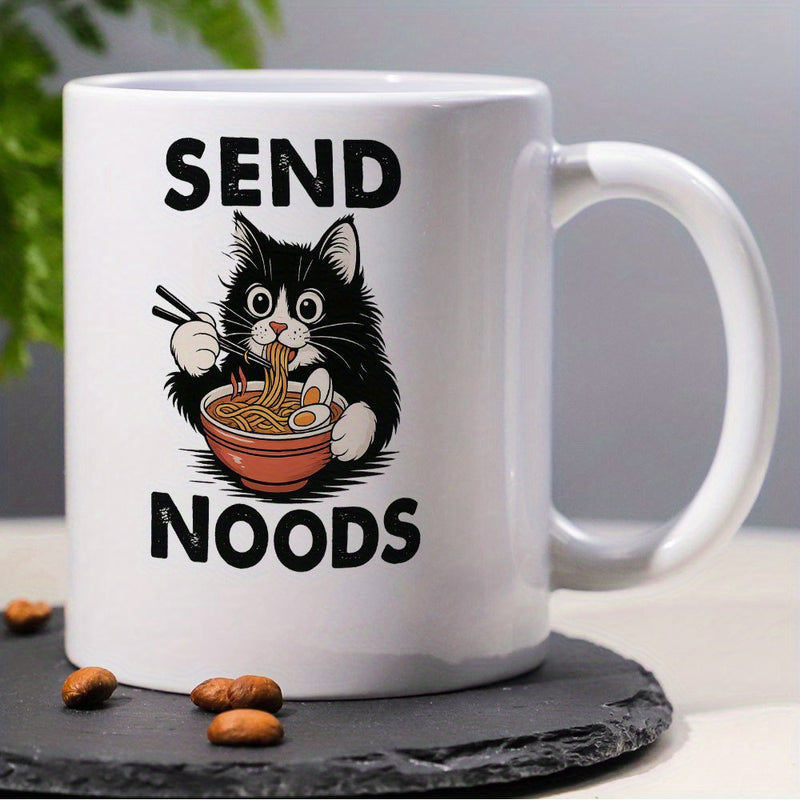 Tailorly White Ceramic 11 oz Mug - Send Noods Fluffy Black And White Cartoon Feline Eating Hot Ramen With Chopsticks Cat