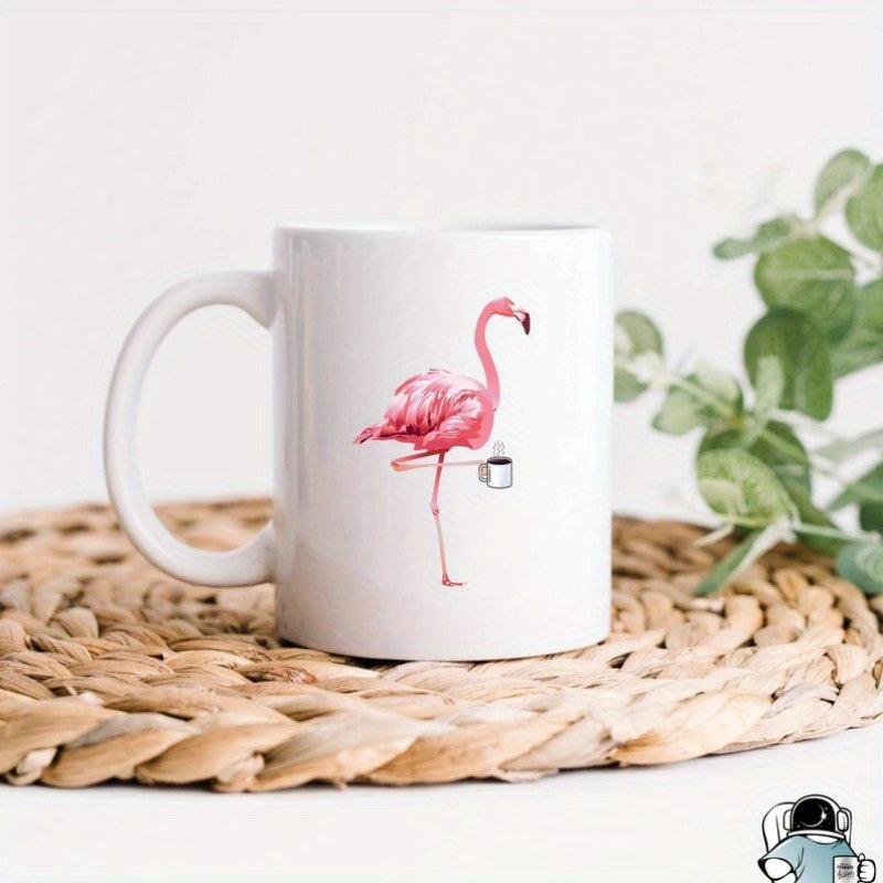 Tailorly White Ceramic 11 oz Mug - Vibrant Pink Bird Standing One Leg Holding Steaming Hot Coffee Morning Flamingo