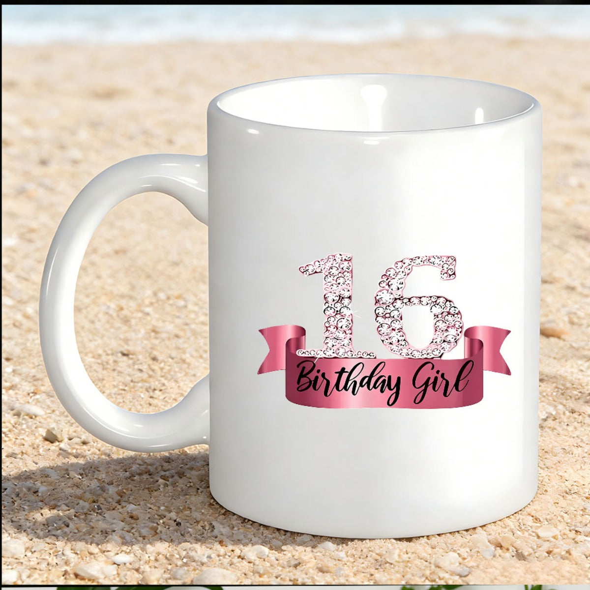 Tailorly White Ceramic 11 oz Mug - Birthday Girl Pink Glitter Diamond Texture On Ribbon Celebrating Sweet Sixteen