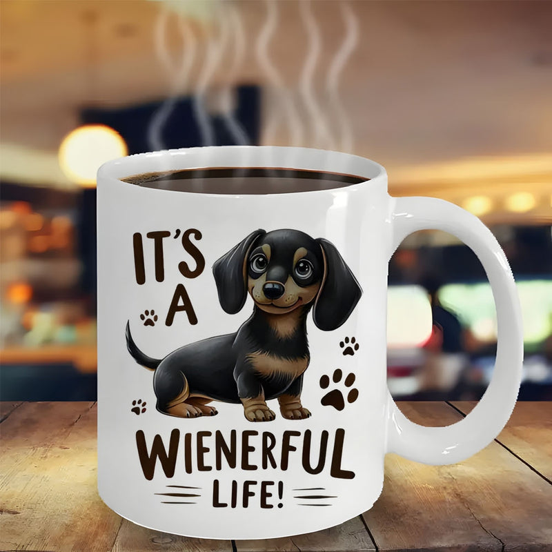 Tailorly White Ceramic 11 oz Mug - Its A Wienerful Life Adorable Black And Brown Cartoon Puppy With Tiny Paw Prints Dachshund