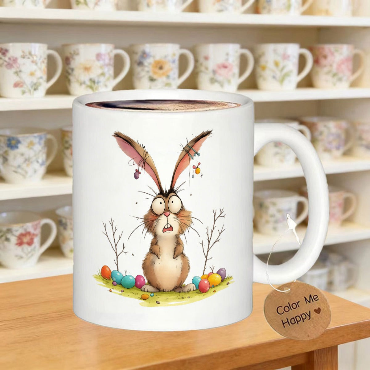 Tailorly White Ceramic 11 oz Mug - Color Me Happy Wacky Surprised Animal Surrounded By Vibrant Colorful Easter Eggs Rabbit