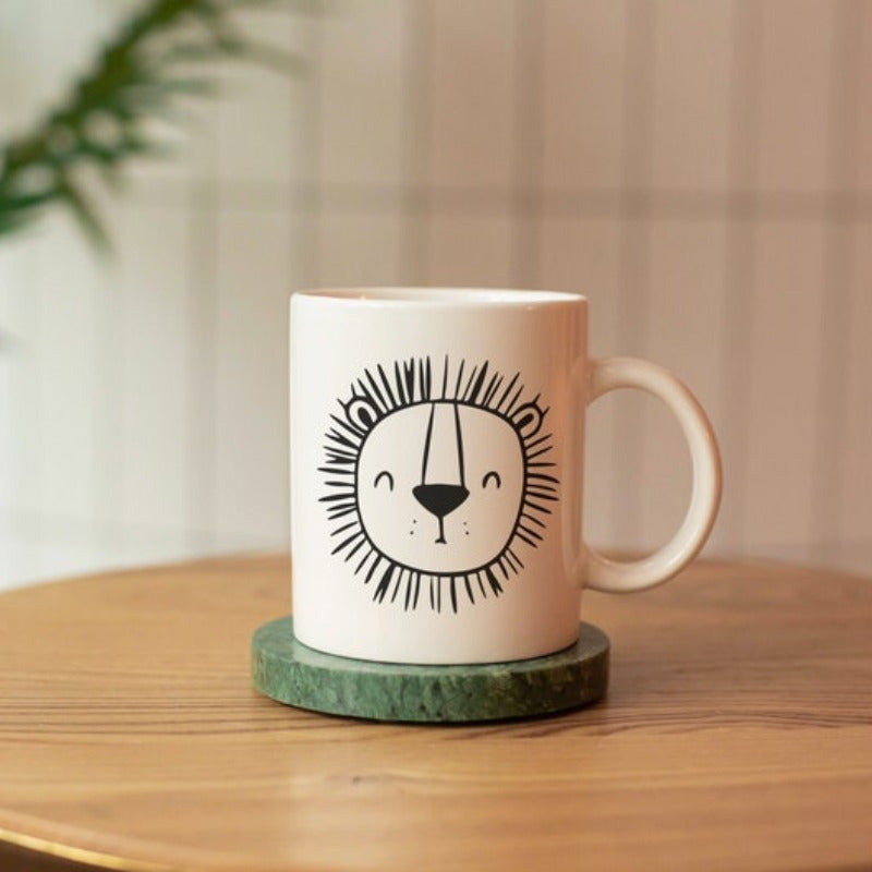 Tailorly White Ceramic 11 oz Mug - Minimalist Hand Drawn Cartoon Face Featuring Bold Black Linear Mane Lion