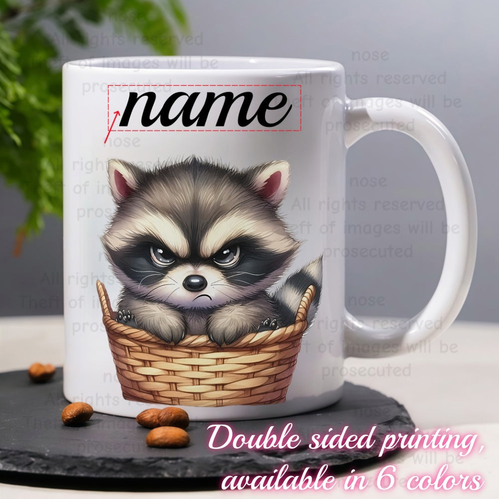 Tailorly White Ceramic 11 oz Mug - Name Angry Furry Raccoon Character Hiding Inside A Woven Brown Basket Raccoon