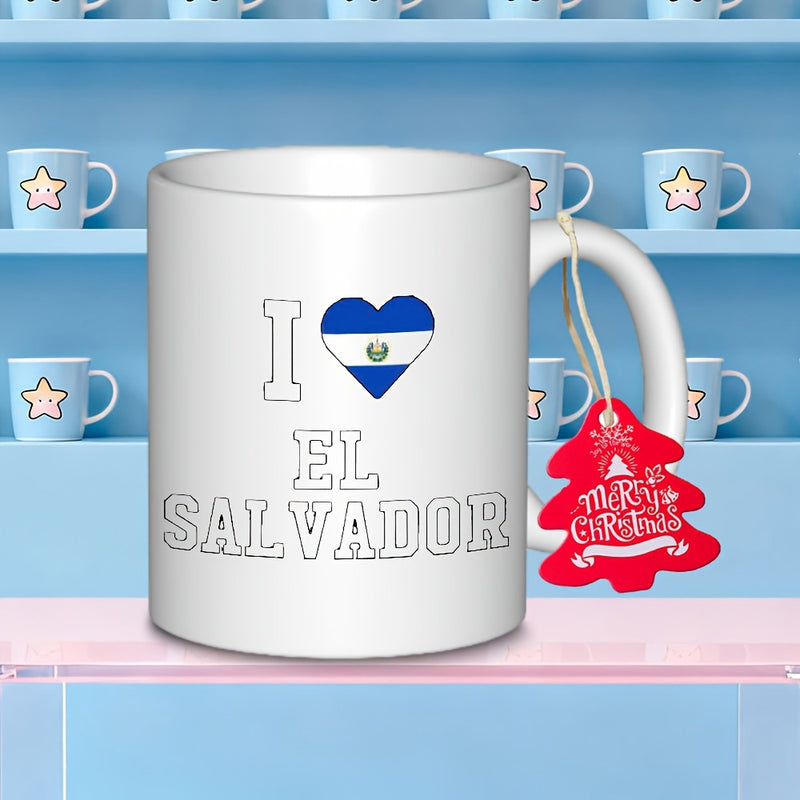 Tailorly White Ceramic 11 oz Mug - I El Salvador Patriotic Heart Shape Displaying National Flag Colors From Central America Heart