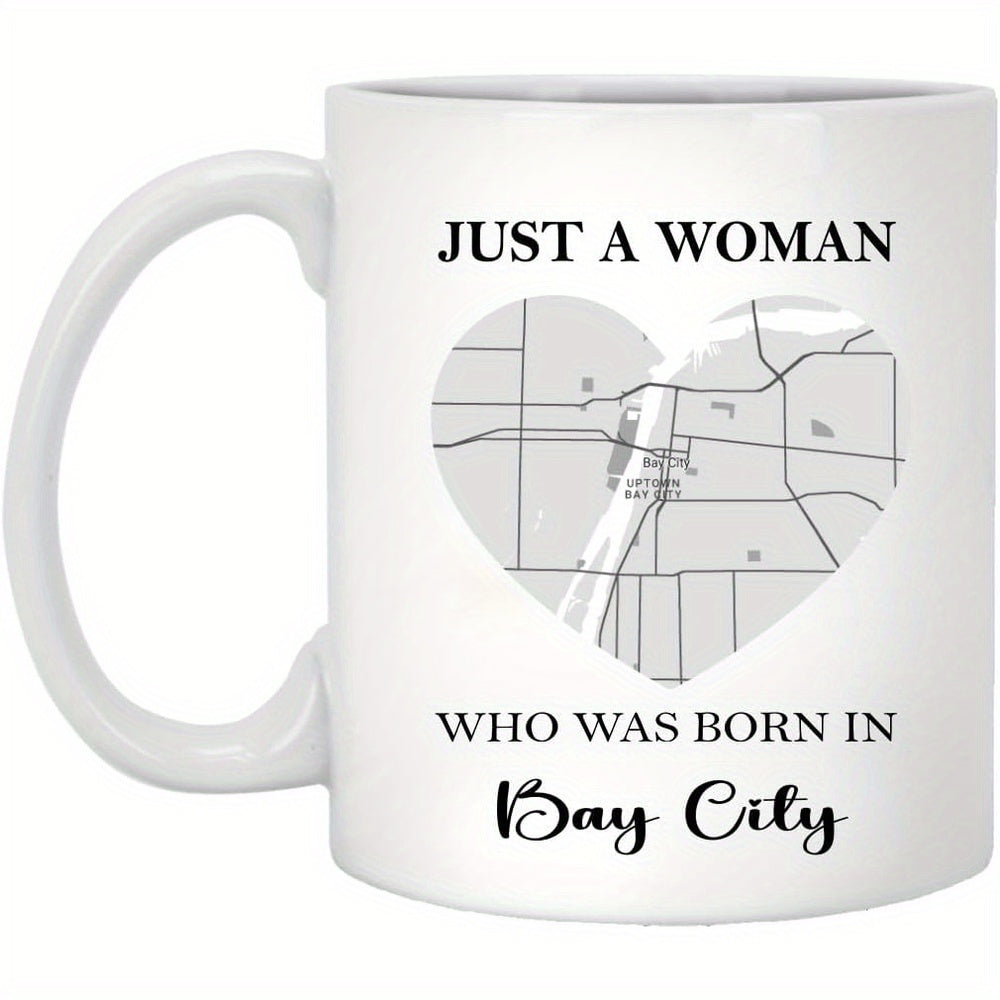 Tailorly White Ceramic 11 oz Mug - Just A Woman Who Was Born In Bay City Intricate Urban Street Lines Inside Heart Shape Pattern Map