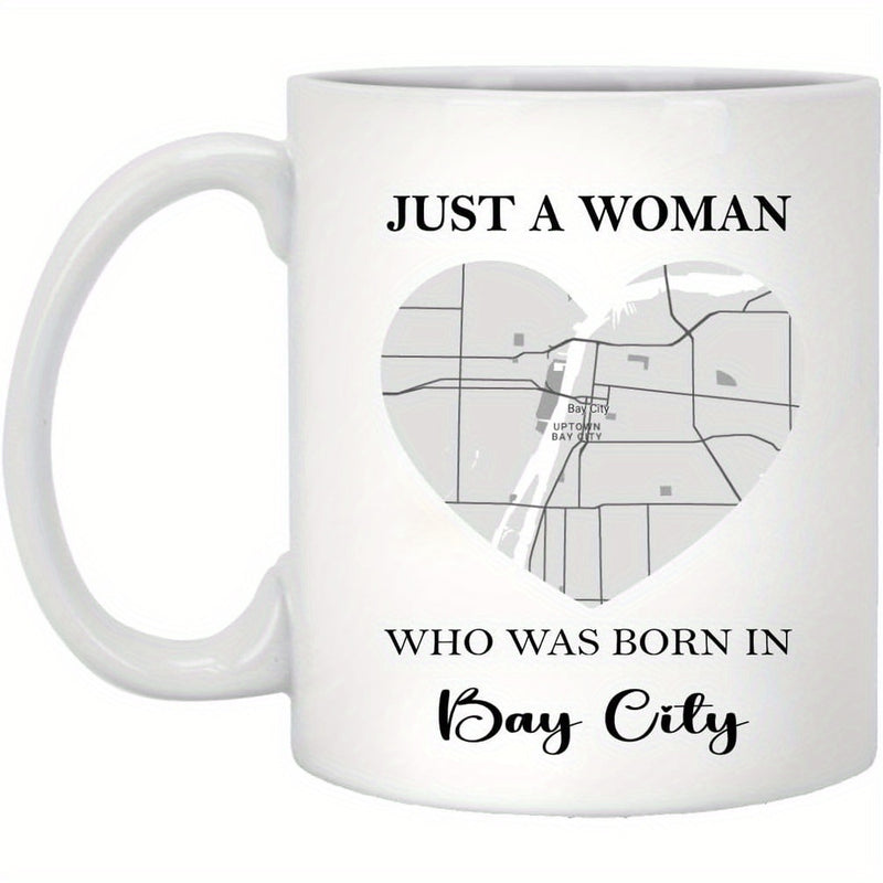 Tailorly White Ceramic 11 oz Mug - Just A Woman Who Was Born In Bay City Intricate Urban Street Lines Inside Heart Shape Pattern Map