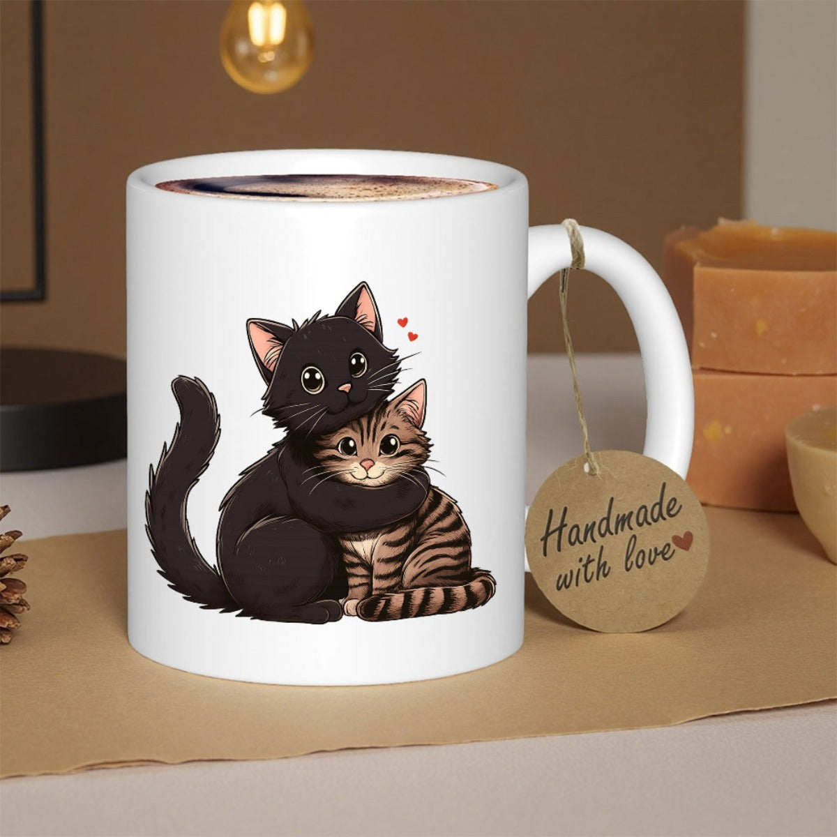 Tailorly White Ceramic 11 oz Mug - Handmade With Love Cute Fluffy Black Kitten Hugging Striped Tabby Under Little Red Hearts Cat