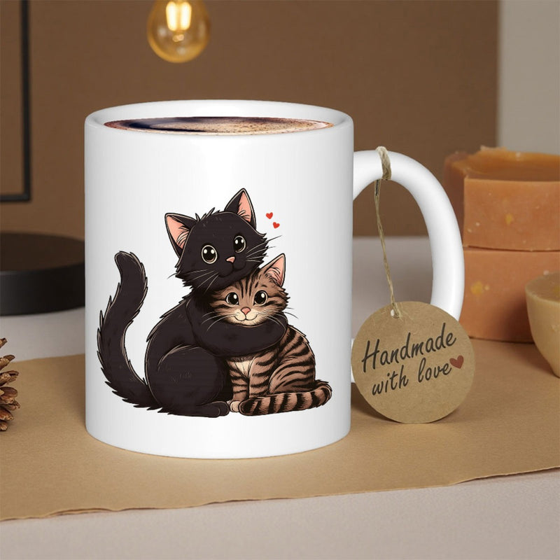 Tailorly White Ceramic 11 oz Mug - Handmade With Love Cute Fluffy Black Kitten Hugging Striped Tabby Under Little Red Hearts Cat