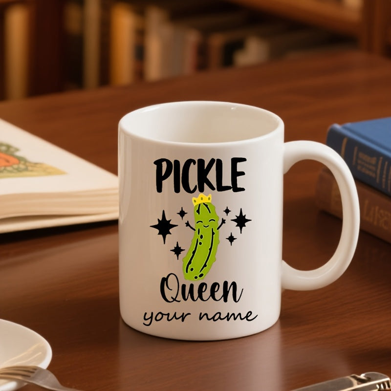 Tailorly White Ceramic 11 oz Mug - Pickle Queen Your Name Smiling Green Vegetable Character Wearing A Small Golden Crown Pickle