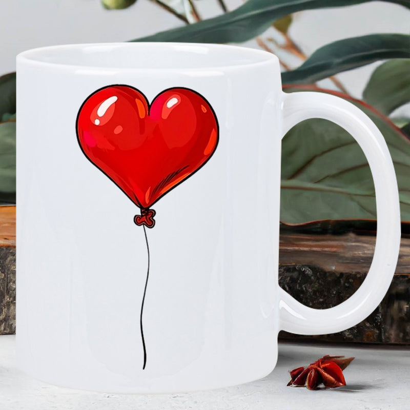 Tailorly White Ceramic 11 oz Mug - Vibrant Red Glossy Heart Floating With A Delicate Thin String Balloon