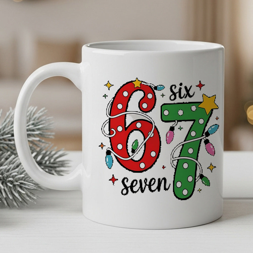Tailorly White Ceramic 11 oz Mug - Six Seven Colorful Festive Numbers Wrapped In Glowing Christmas Lights With Sparkling Stars Mug