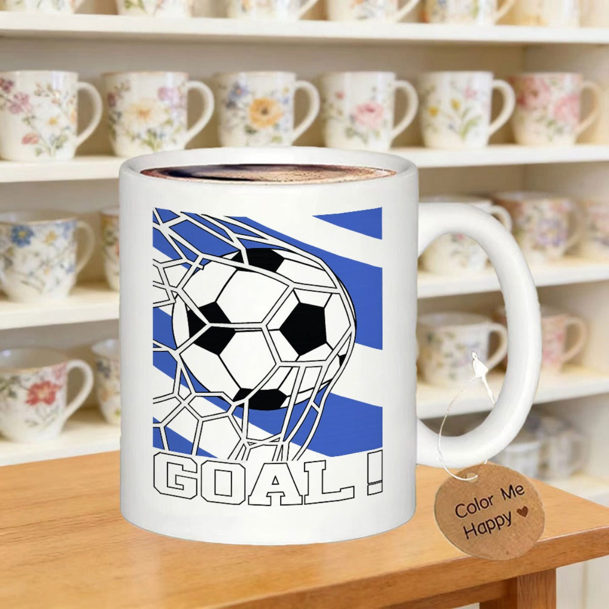 Tailorly White Ceramic 11 oz Mug - Goal Dynamic Soccer Ball Hitting A Net Among Blue Diagonal Stripes Soccer Ball