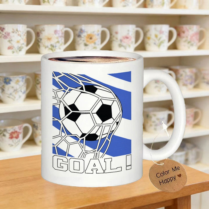 Tailorly White Ceramic 11 oz Mug - Goal Dynamic Soccer Ball Hitting A Net Among Blue Diagonal Stripes Soccer Ball