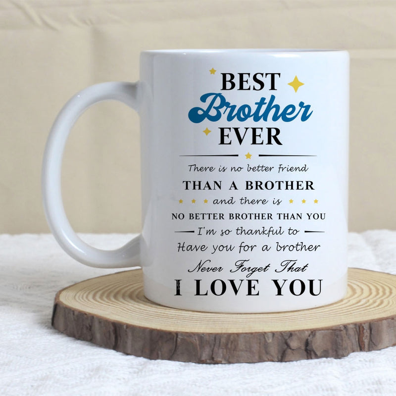 Tailorly White Ceramic 11 oz Mug - Best Brother Ever I Love You Elegant Script Typography With Tiny Yellow Stars Accents Mug