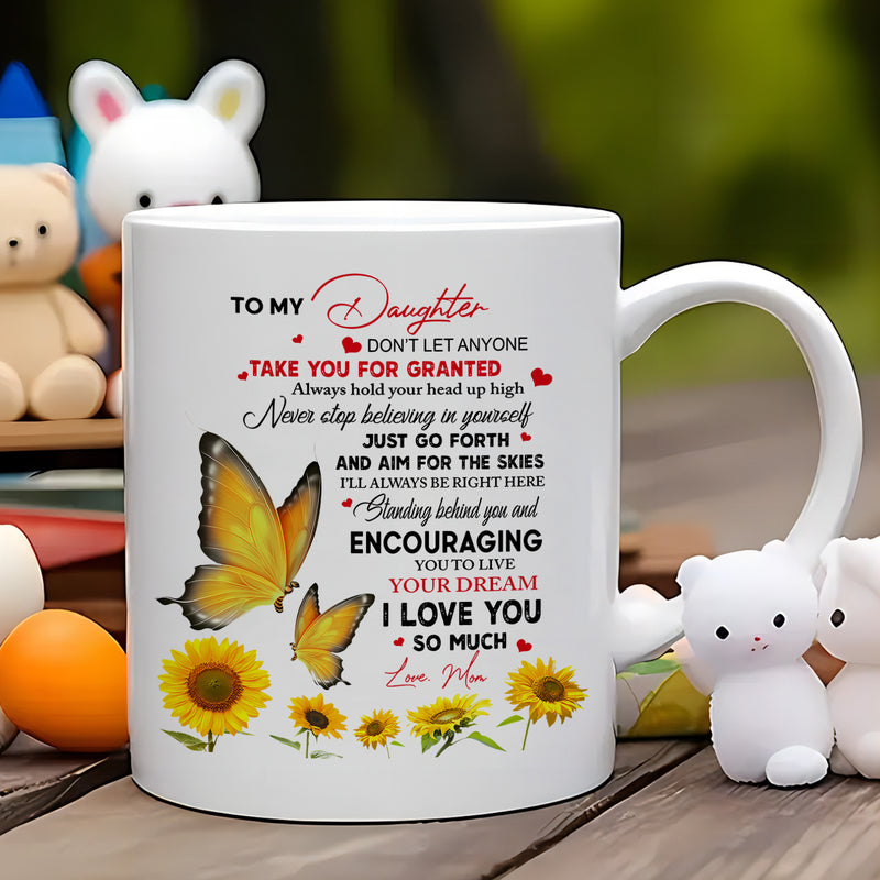 Tailorly White Ceramic 11 oz Mug - To My Daughter Vibrant Yellow Butterflies Flying Above Radiant Sunflowers In Full Bloom Butterfly