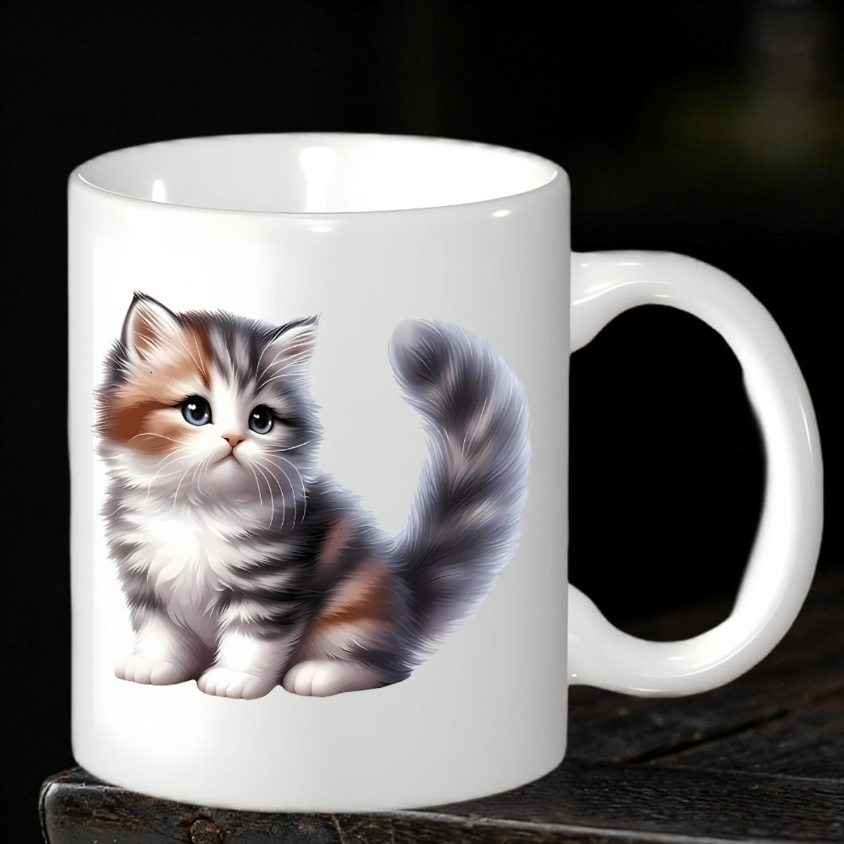 Tailorly White Ceramic 11 oz Mug - Fluffy And Adorable Calico Kitten Sitting Peacefully With Bushy Tail Kitten