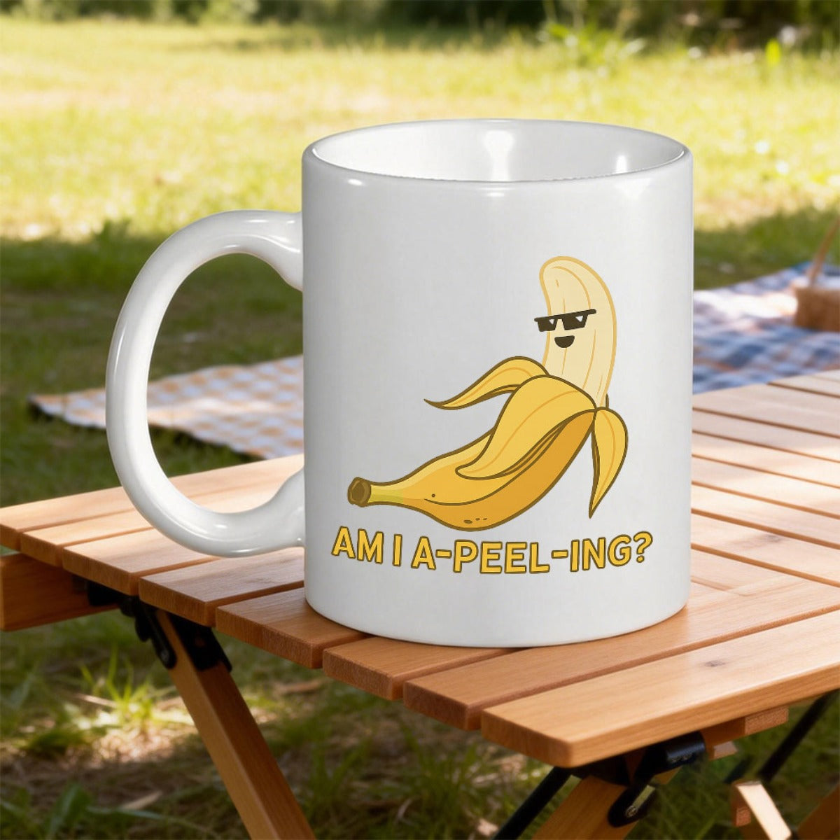 Tailorly White Ceramic 11 oz Mug - Am I A Peeling Peeled Yellow Fruit Wearing Cool Black Sunglasses Smiling Playfully Banana