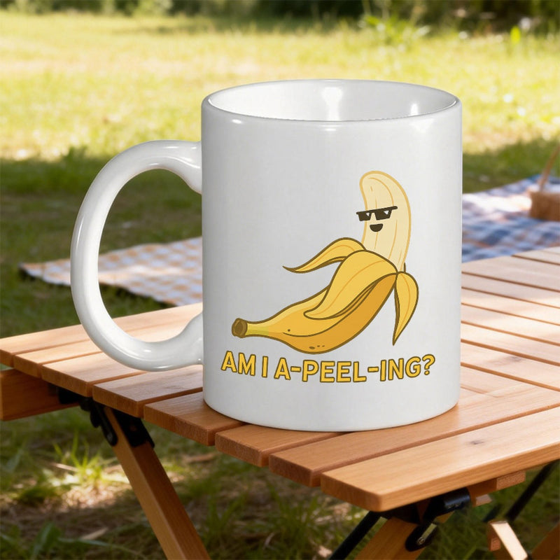 Tailorly White Ceramic 11 oz Mug - Am I A Peeling Peeled Yellow Fruit Wearing Cool Black Sunglasses Smiling Playfully Banana