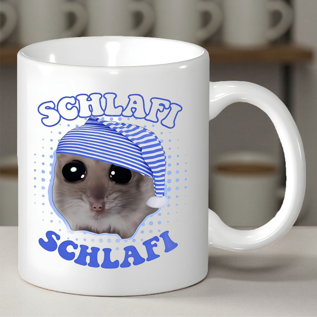 Tailorly White Ceramic 11 oz Mug - Small Adorable Pet Wearing Striped Nightcap Peeking Through Soft Blue Pattern Hamster