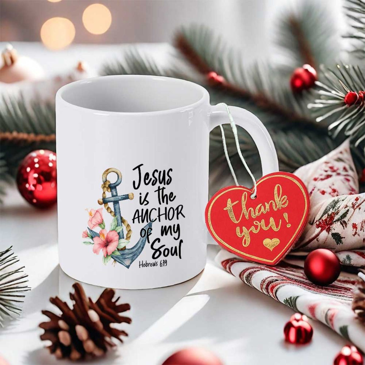 Tailorly White Ceramic 11 oz Mug - Jesus Is The Anchor Of My Soul Hebrews 6 19 Vintage Styled Nautical Theme With Delicate Pink Blossoms Anchor