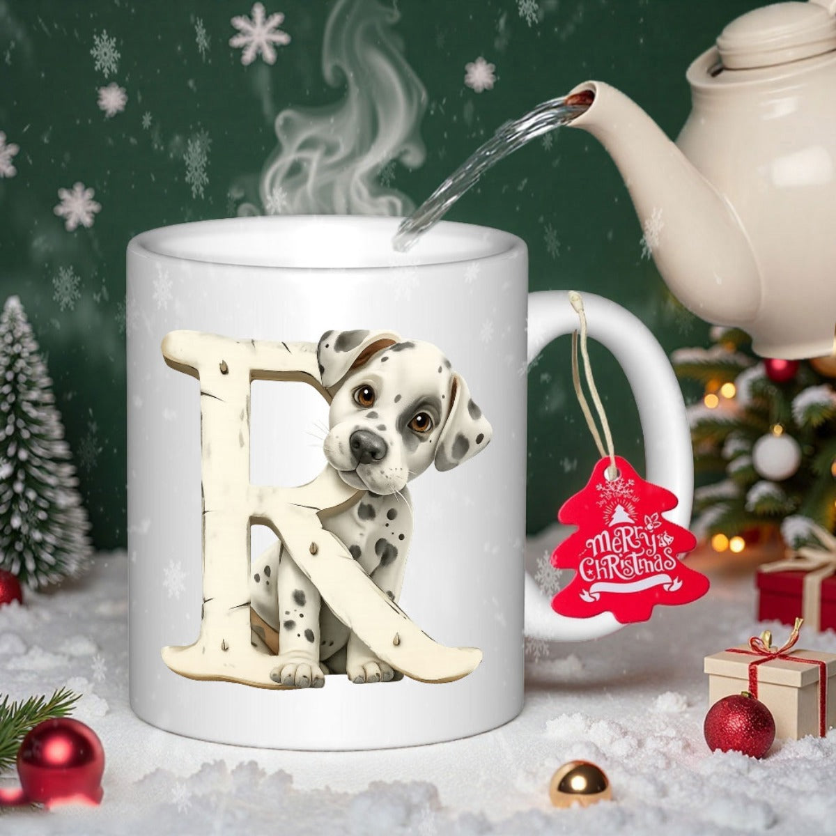 Tailorly White Ceramic 11 oz Mug - R Merry Christmas Adorable Spotted Dalmatian Puppy Peeking Behind A Large Rustic Wooden Letter Dalmatian