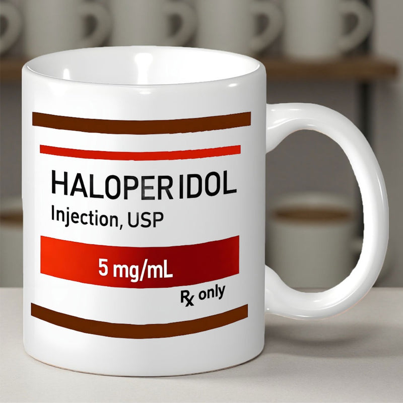 Tailorly White Ceramic 11 oz Mug - Haloperidol Injection USP Rx Only Pharmaceutical Medical Prescription Style Design With Red Stripes On