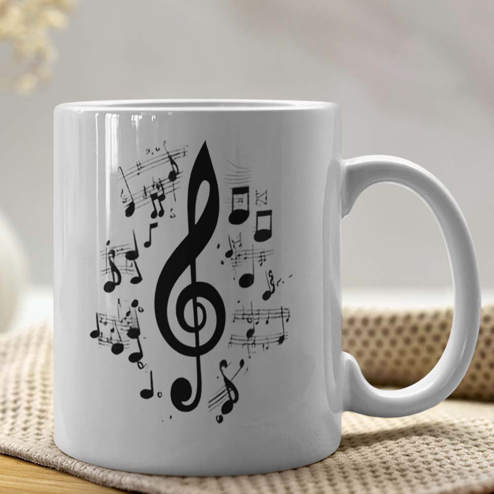 Tailorly White Ceramic 11 oz Mug - Artistic Black Musical Notes Flowing Around A Large Treble Clef
