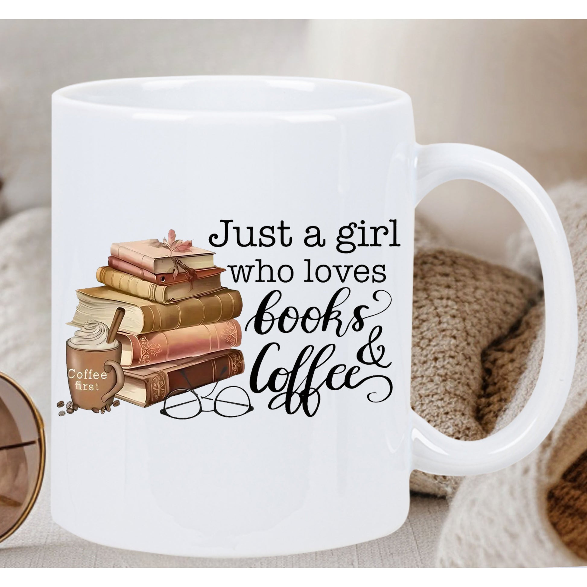 Tailorly White Ceramic 11 oz Mug - Just A Girl Who Loves Books Coffee Stacked Vintage Books Beside Hot Beverage Under Warm Light Atmosphere Books