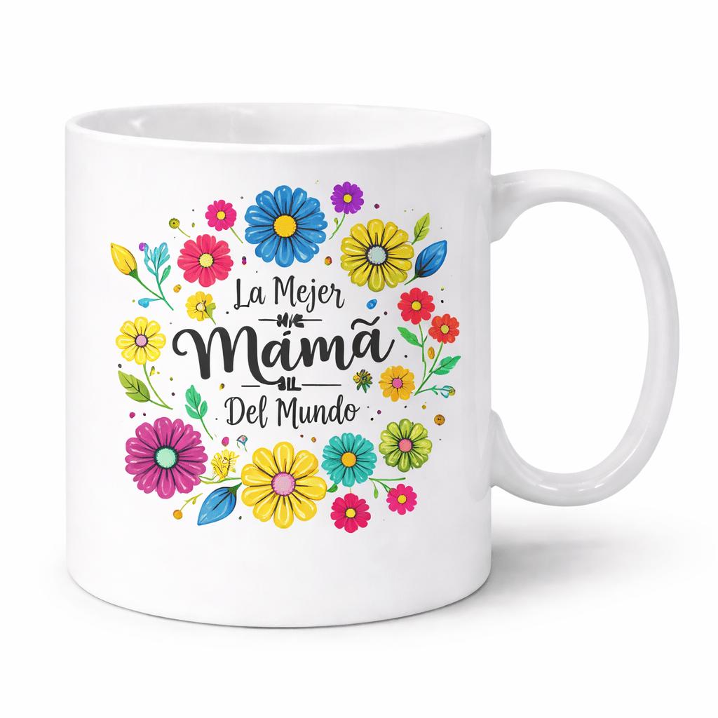 Tailorly White Ceramic 11 oz Mug - Colorful Hand Drawn Flowers Blooming In A Vibrant Circular Wreath Flower