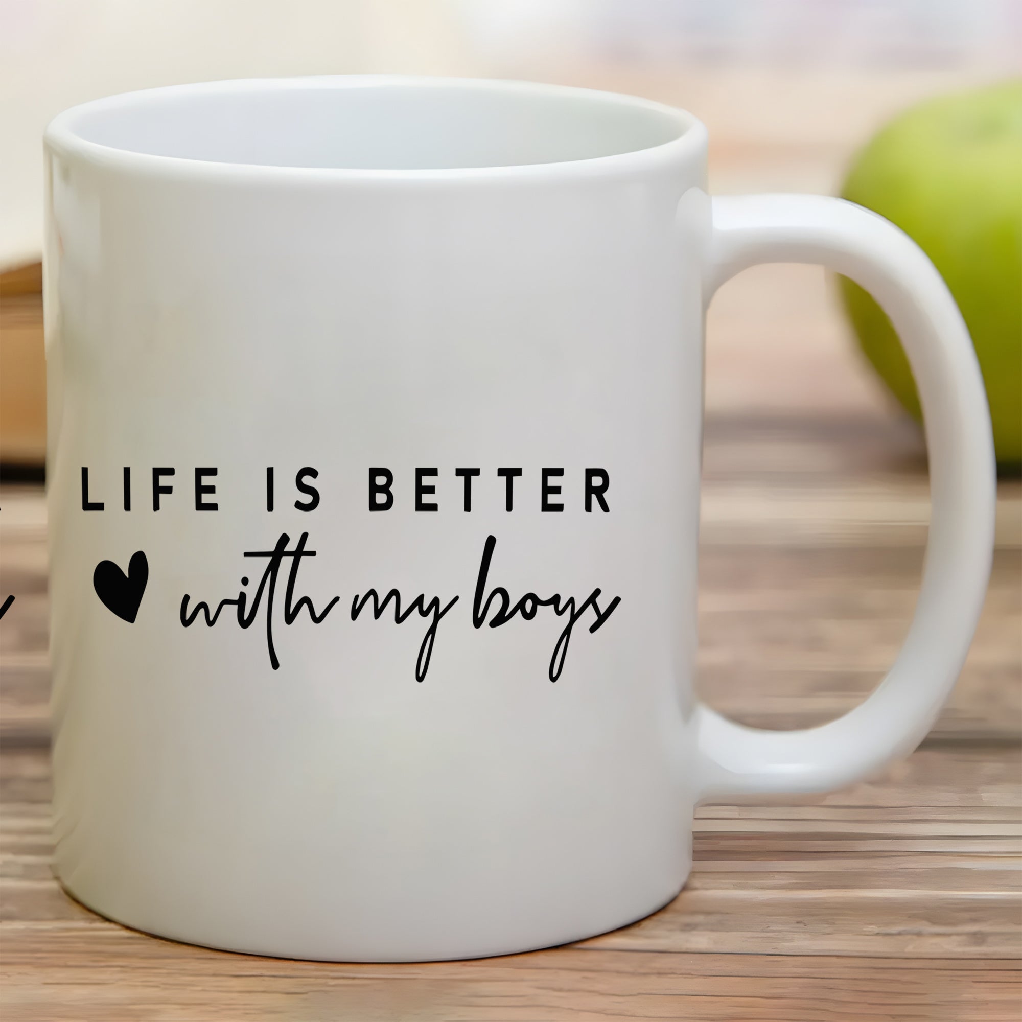 Tailorly White Ceramic 11 oz Mug - Life Is Better With My Boys Simple Solid Black Heart Icon Centered On