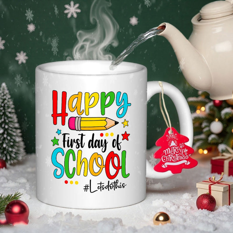 Tailorly White Ceramic 11 oz Mug - Happy First Day Of School Lets Do This Colorful Cartoon Pencil Surrounded By Bright Stars And Playful Decorative Dots Pencil