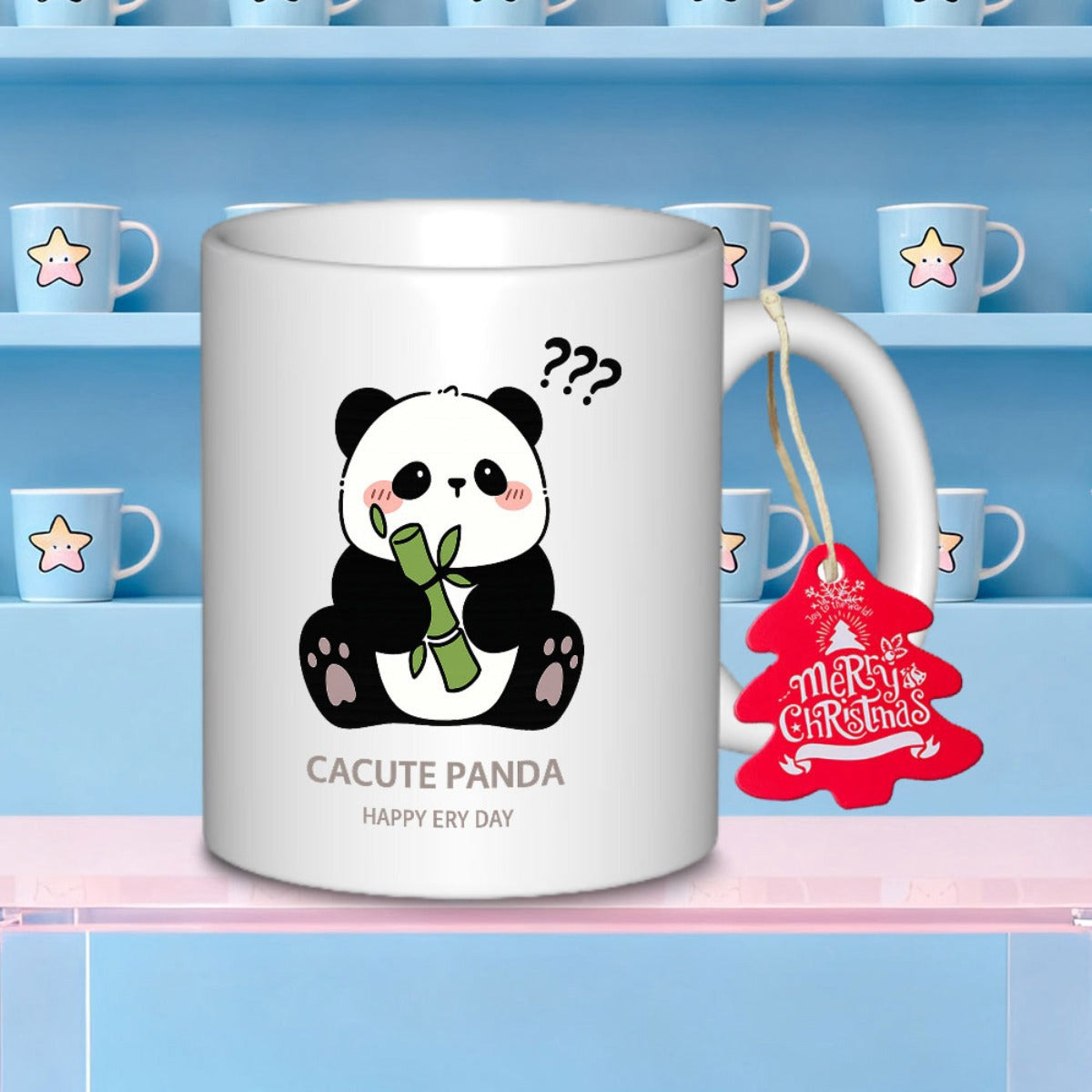 Tailorly White Ceramic 11 oz Mug - Cacute Panda Happy Ery Day Simple Cartoon Style Panda Sitting While Holding Green Bamboo Stalk Panda